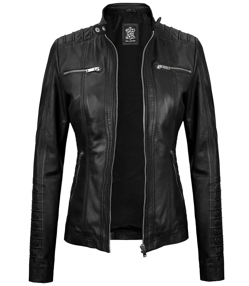 Women's Tall Black Leather Jacket With Removable Hood Women's Tall Black Leather Jacket With Removable Hood product image