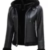 Womens Black Leather Hooded Shearling Jacket product image