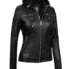 Women's Tall Black Leather Jacket With Removable Hood Women's Tall Black Leather Jacket With Removable Hood product image