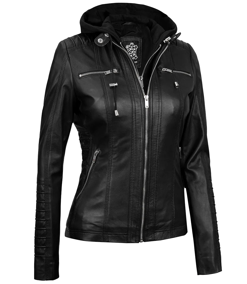 Women's Tall Black Leather Jacket With Removable Hood Women's Tall Black Leather Jacket With Removable Hood product image