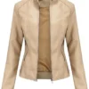 Women’s Beige Leather Jacket Motorcycle Stylish Spring Lightweight Stylish Motor Biker With Zipper product image