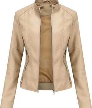 Women’s Beige Leather Jacket Motorcycle Stylish Spring Lightweight Stylish Motor Biker With Zipper product image