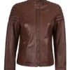 Womens Cognac Brown Cafe Racer Leather Jacket - Padded Shoulders Womens Cognac Brown Cafe Racer Leather Jacket - Padded Shoulders product image
