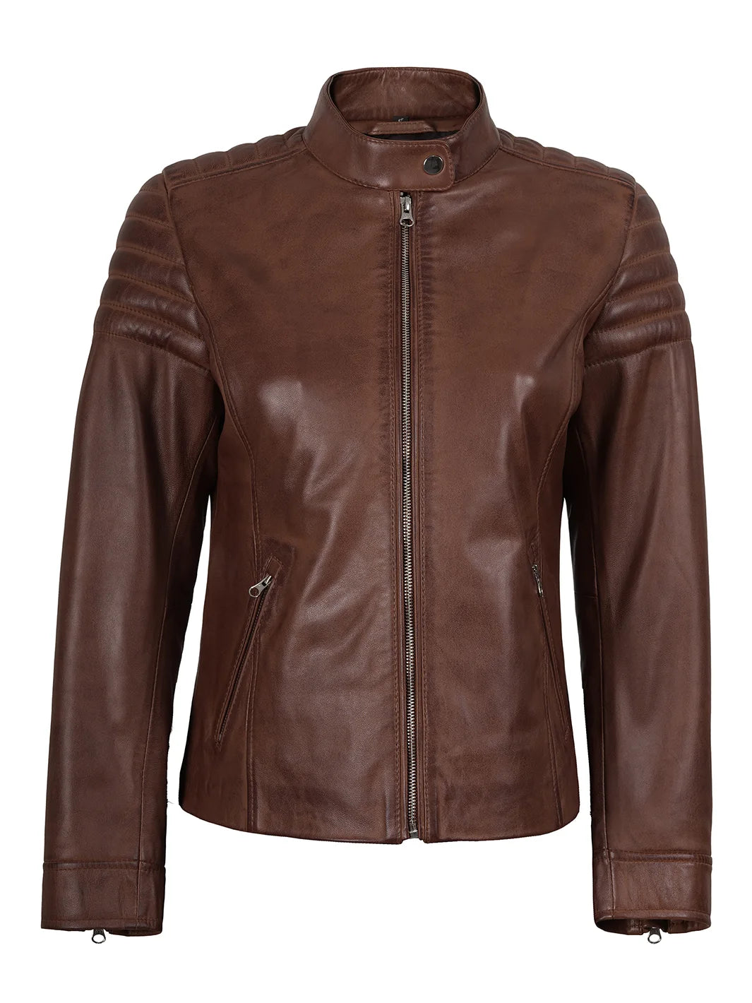 Womens Cognac Brown Cafe Racer Leather Jacket - Padded Shoulders Womens Cognac Brown Cafe Racer Leather Jacket - Padded Shoulders product image