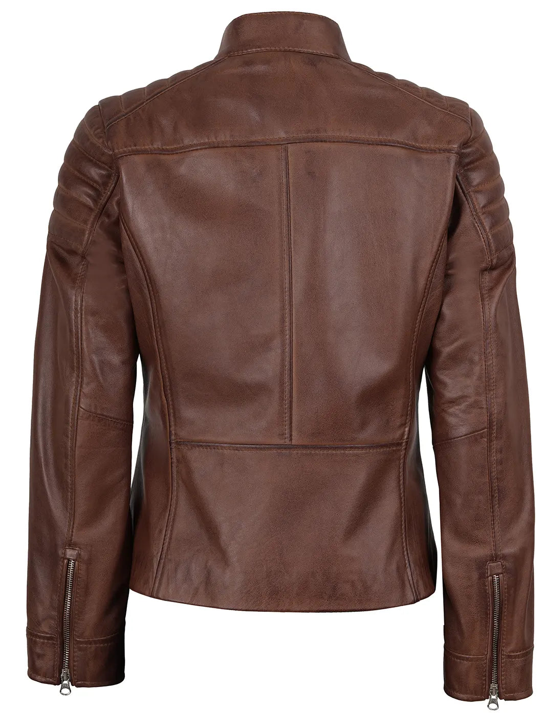 Womens Cognac Brown Cafe Racer Leather Jacket - Padded Shoulders Womens Cognac Brown Cafe Racer Leather Jacket - Padded Shoulders product image