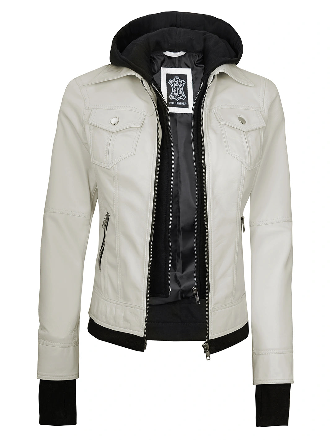 Womens Off White Biker Style Leather Jacket with Hood Womens Off White Biker Style Leather Jacket with Hood product image