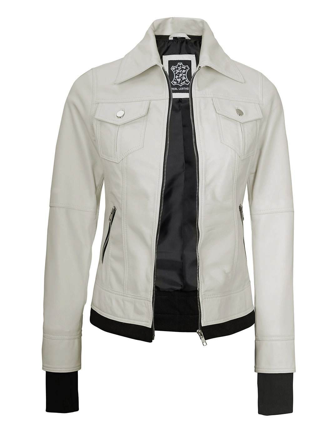 Womens Off White Biker Style Leather Jacket with Hood Womens Off White Biker Style Leather Jacket with Hood product image