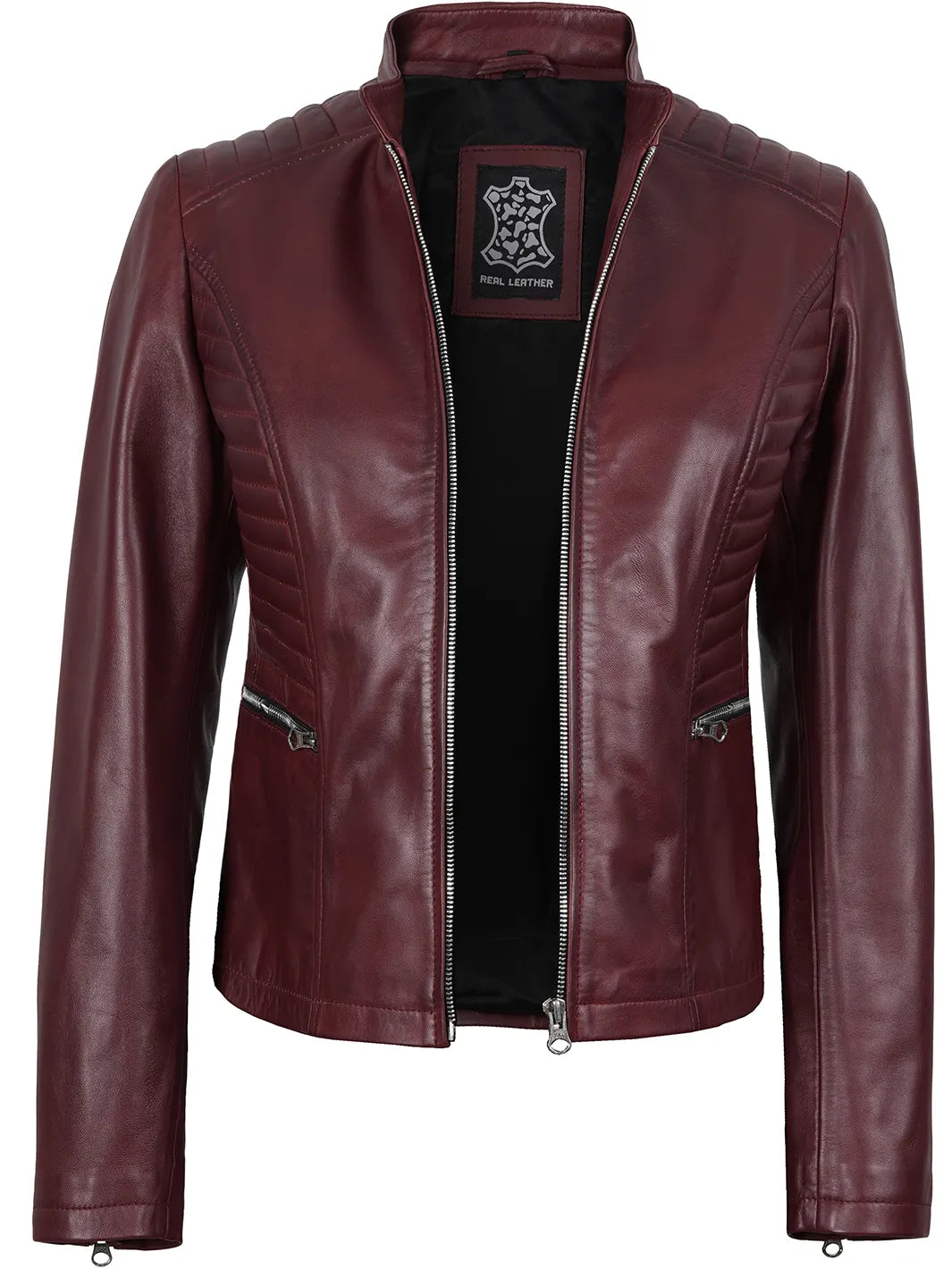 Women's Burgundy Cafe Racer Leather Jacket Women's Burgundy Cafe Racer Leather Jacket product image