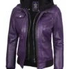 Women's Purple Real Leather Jacket with Removable Hood product image