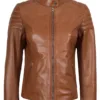 Womens Tan Brown Cafe Racer Leather Jacket product image