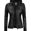 Women's Tall Black Leather Jacket With Removable Hood Women's Tall Black Leather Jacket With Removable Hood product image