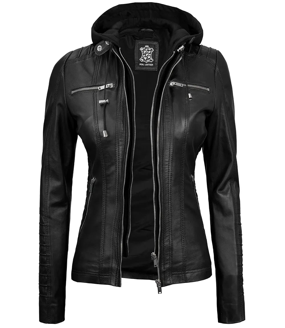 Women's Tall Black Leather Jacket With Removable Hood Women's Tall Black Leather Jacket With Removable Hood product image