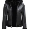 Womens Black Leather Hooded Shearling Jacket product image