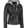 Womens Black Leather Biker Jacket With Removable Hood product image
