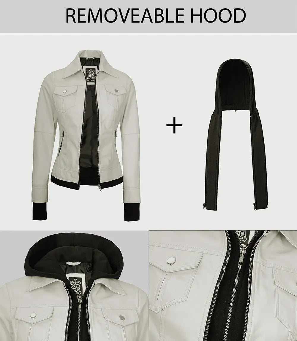 Womens Off White Biker Style Leather Jacket with Hood Womens Off White Biker Style Leather Jacket with Hood product image