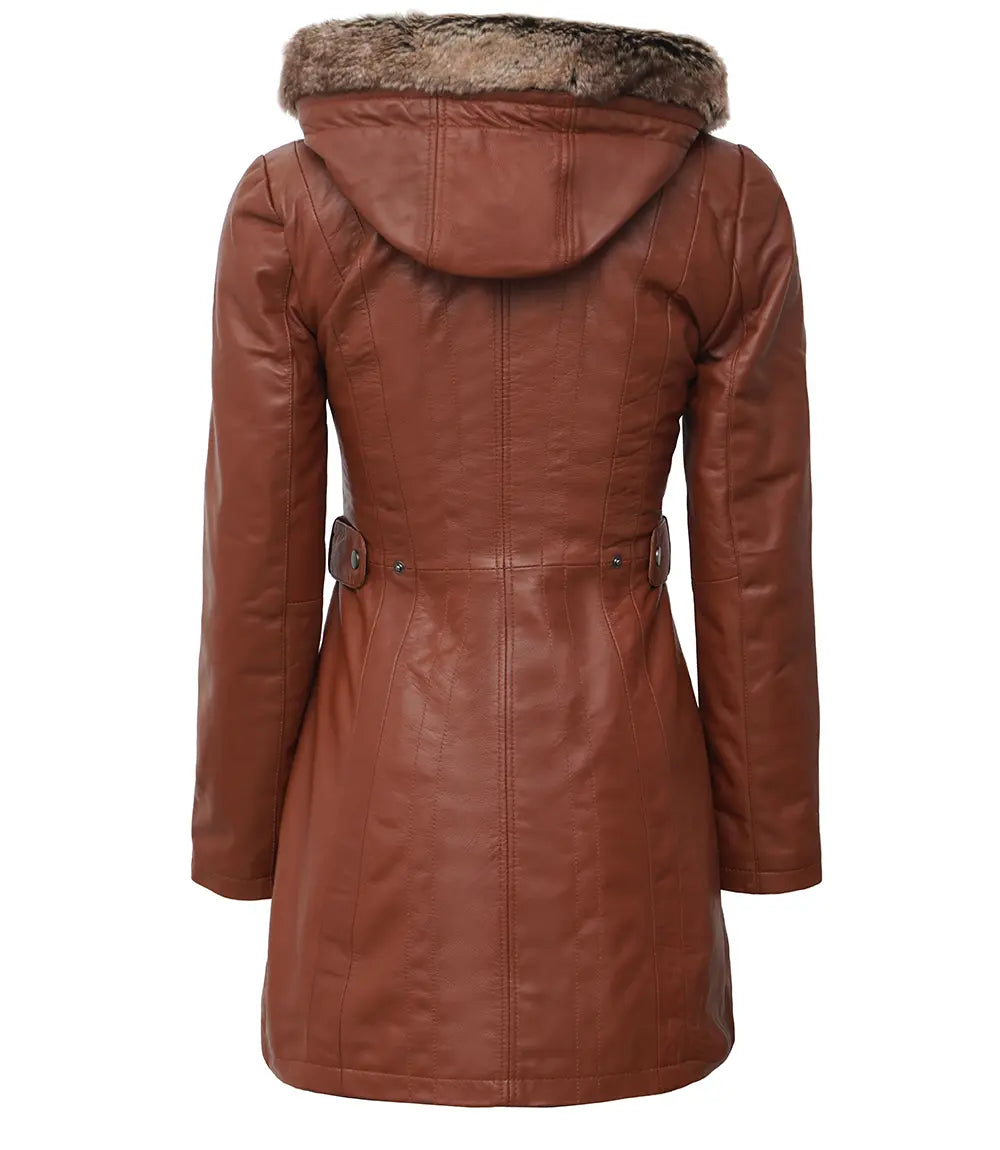 Women's Hooded Brown Leather Long Shearling Coats Women's Hooded Brown Leather Long Shearling Coats product image