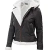 Womens Shearling Dark Brown Bomber Leather Jacket with Removable Hood product image