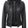 Tall Women's Bomber Black Leather Jacket with Removable Hood product image